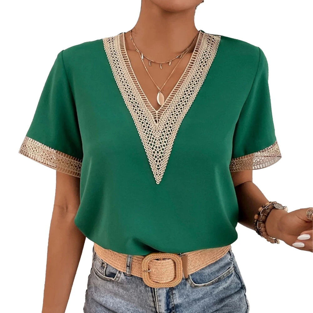 Short Sleeve V Neck Top Women Elegant Fashionable Loose Casual Lace Crochet Shirt Blouse for Dating Green S