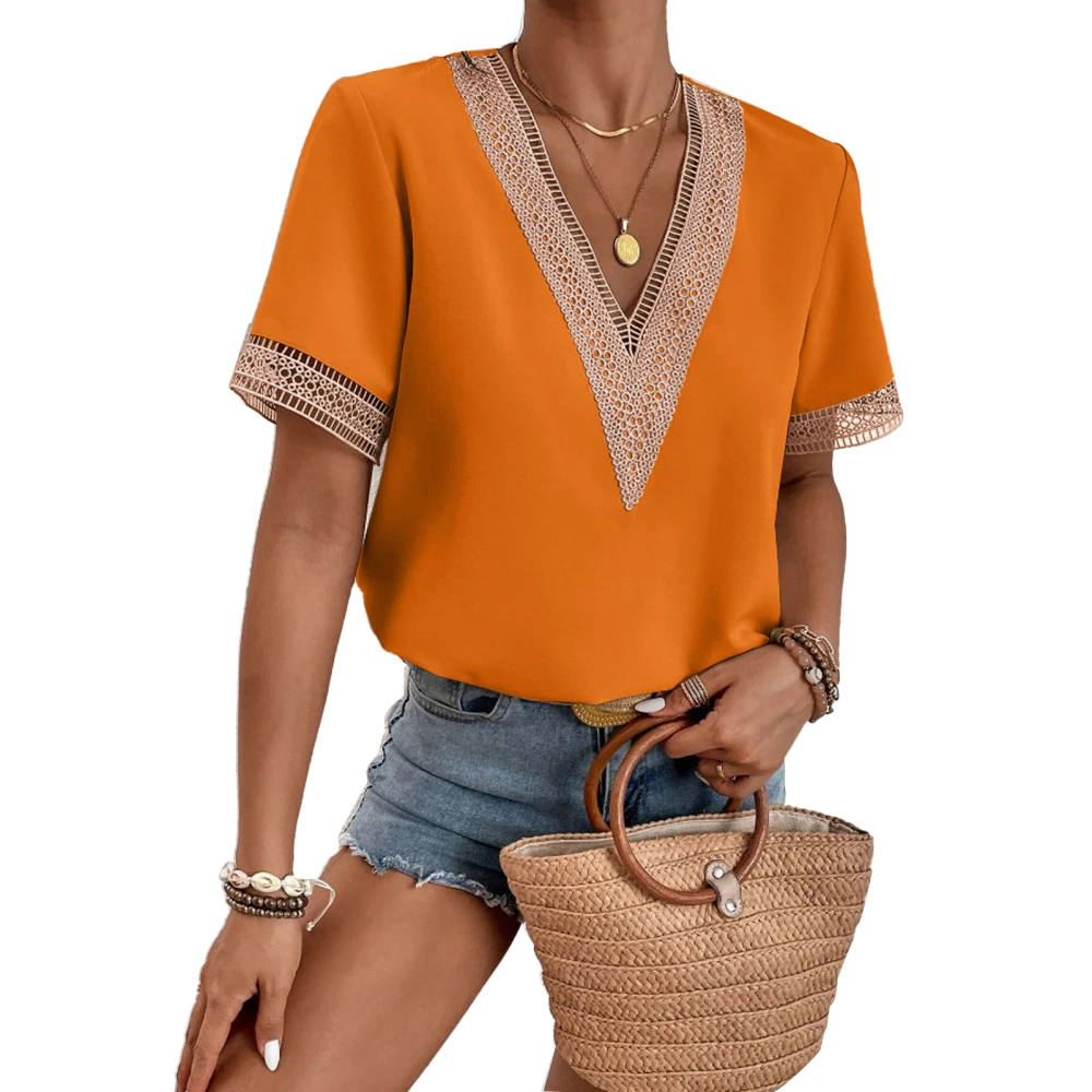 Short Sleeve V Neck Top Women Elegant Fashionable Loose Casual Lace Crochet Shirt Blouse for Dating Orange L