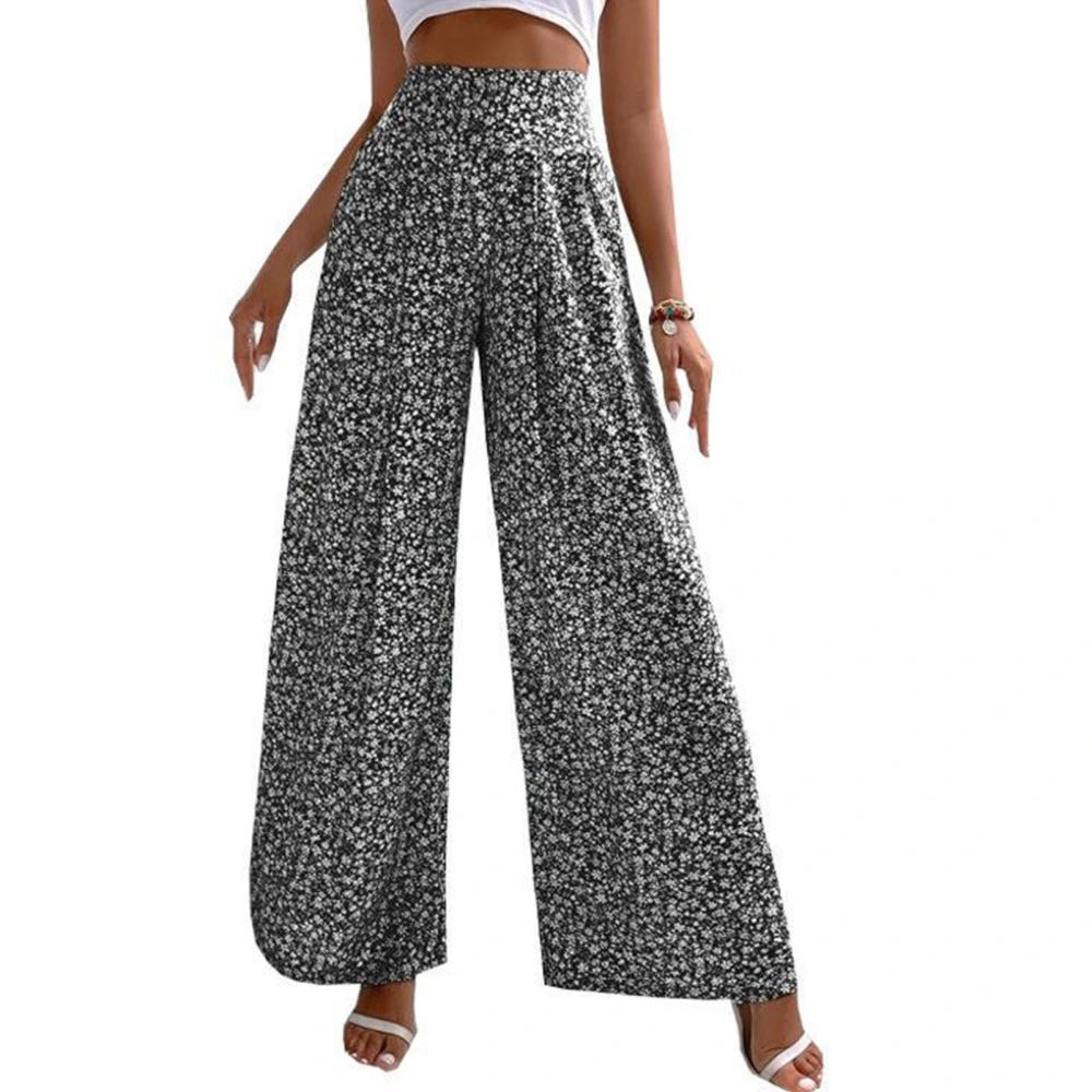 Women Loose Flared Pants Elastic High Waist Floral Print Casual Lady Wide Flare Leg Trousers for Daily Travel Dating Black S