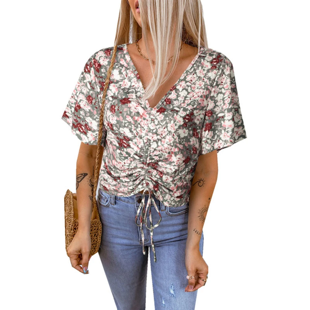 Women Floral Blouse Short Sleeve V Neck Drawstring Women Stylish Printed Short Blouse Top for Daily Party Dating Grey S