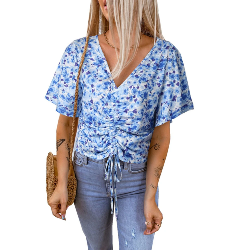 Women Floral Blouse Short Sleeve V Neck Drawstring Women Stylish Printed Short Blouse Top for Daily Party Dating Blue 3XL