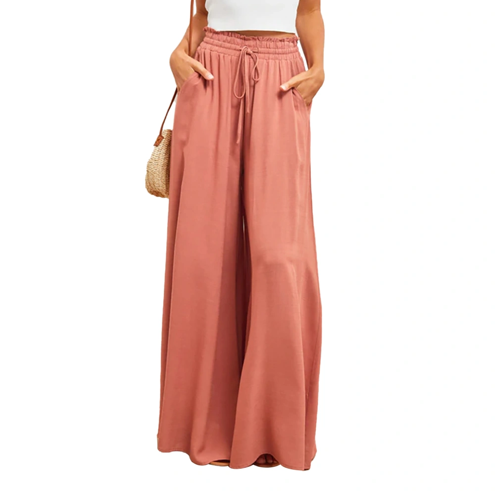 Women Wide Leg Pants High Waisted Elastic Drawstring Ruffle Pure Color Women Beach Pants for Party Office Shopping Orangered M