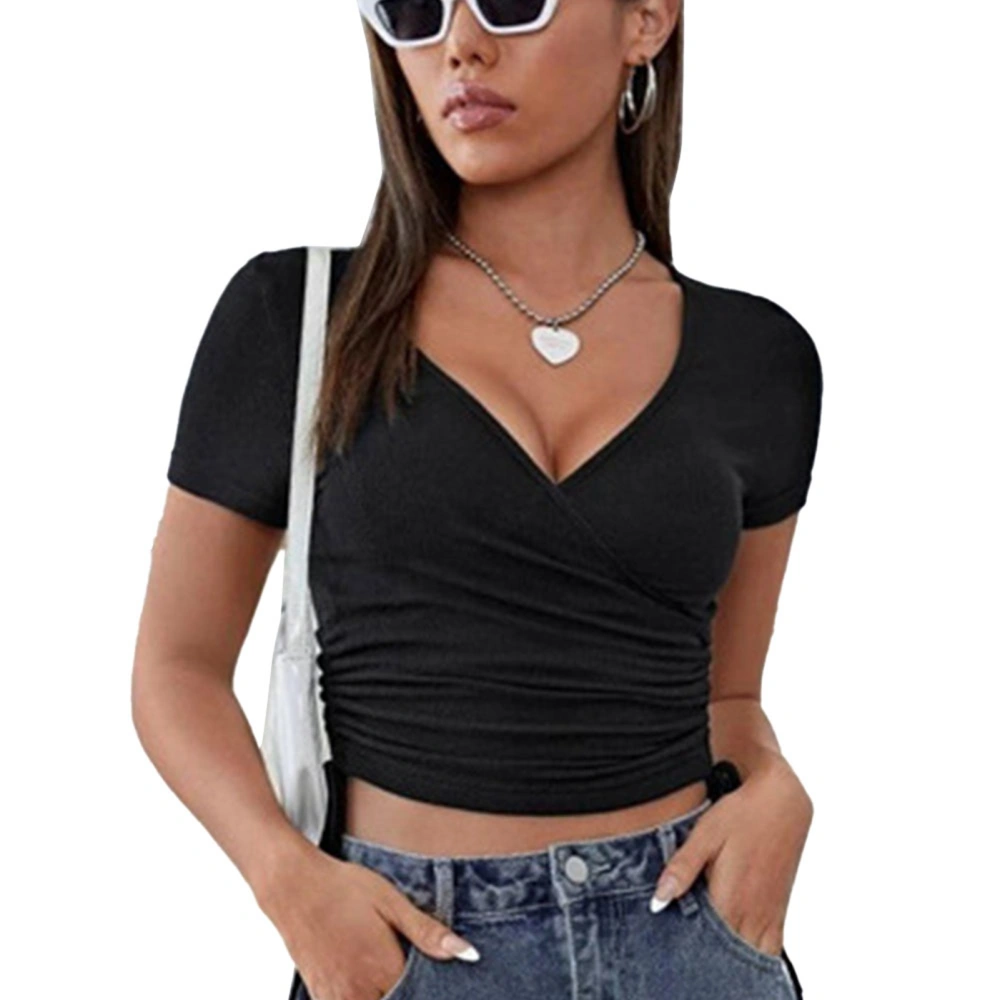 Women Deep V Neck Drawstring Side Top Slim Pure Color Short Sleeve Shirt For Summer Black S