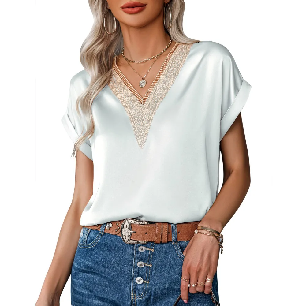 Women V Neck Top Lace Splicing Neckline Short Sleeves Pure Color Loose Type Casual T Shirt White L