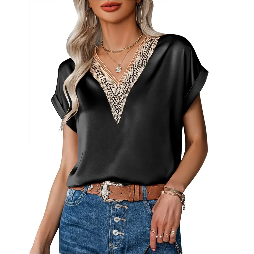 Women V Neck Top Lace Splicing Neckline Short Sleeves Pure Color Loose Type Casual T Shirt Black L