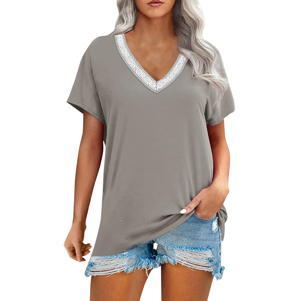 V Neck Blouse Short Sleeved Guipure Stitching Loose Fitted Blouse Top Shirt for Female Summer Grey XL