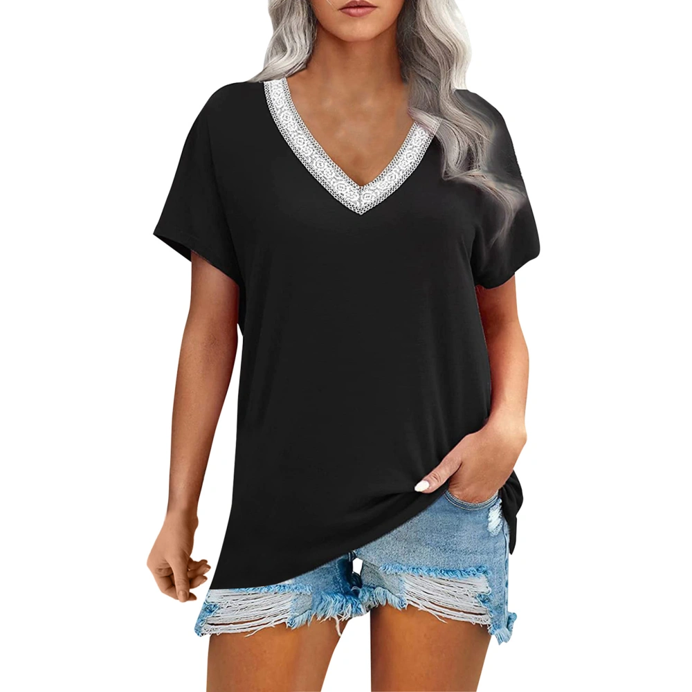 V Neck Blouse Short Sleeved Guipure Stitching Loose Fitted Blouse Top Shirt for Female Summer Black XL