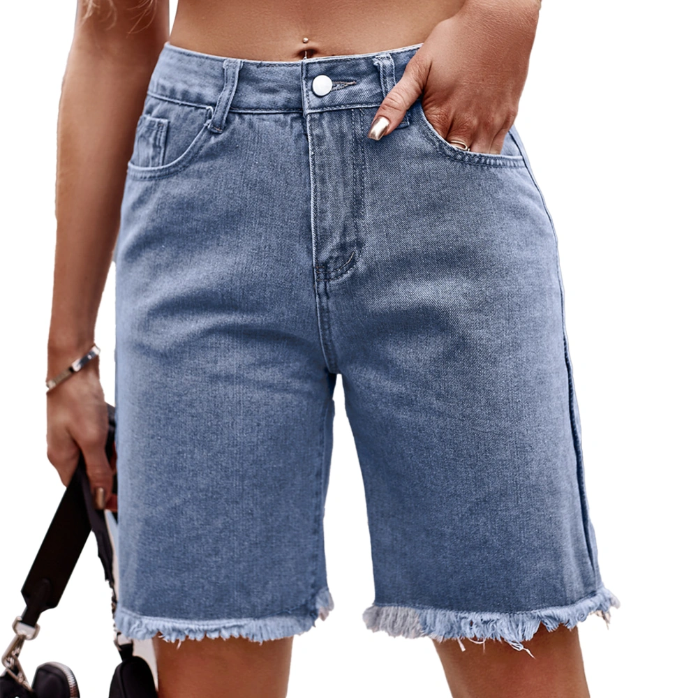 Women Denim Shorts Straight Leg Mid Waist Knee Length Comfortable for Summer Travel Blue L