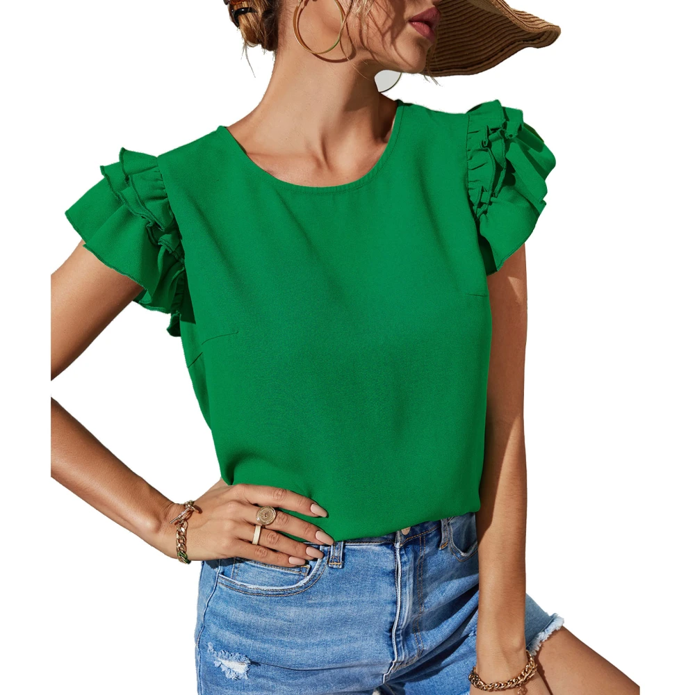 Women Crew Neck Blouse Cap Ruffle Sleeve Pure Color Loose Fitting Casual Summer Shirt Green L