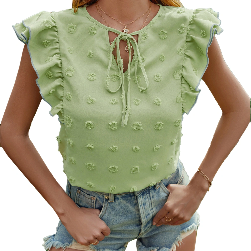 Women Pure Color Ruffle Sleeve Top Tie Neck Sleeveless Loose Short Tank Top For Summer Kelly Green M