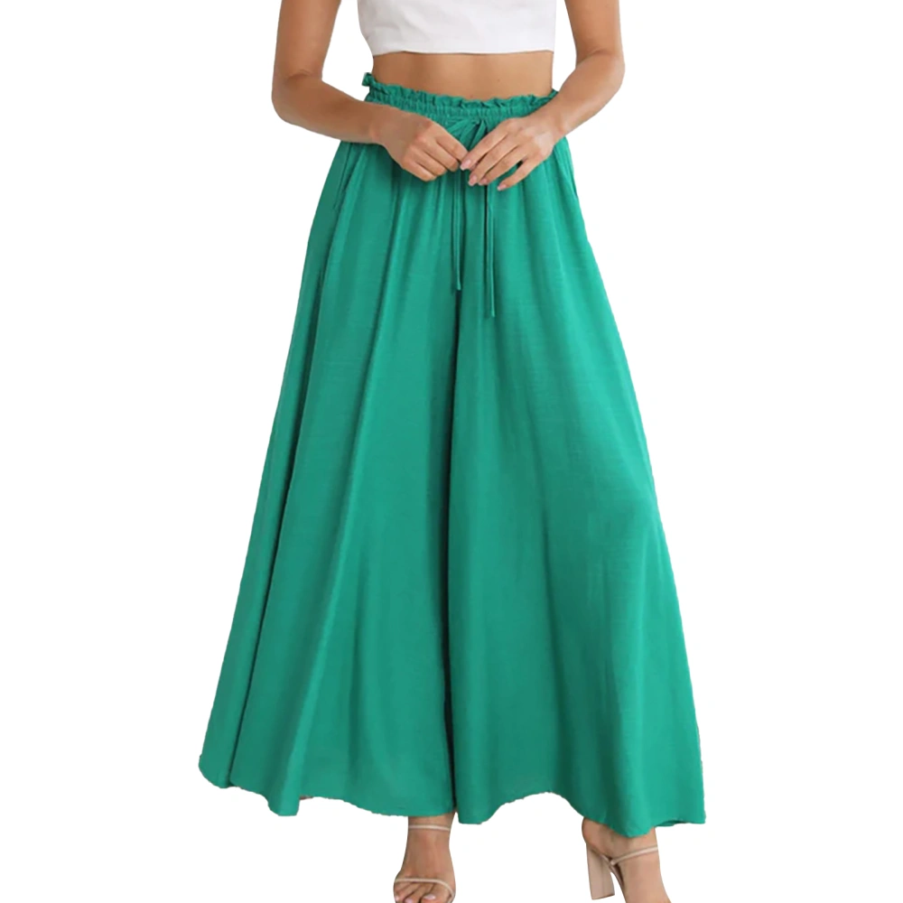 Women Wide Leg Pants High Waisted Elastic Drawstring Ruffle Pure Color Women Beach Pants for Party Office Shopping Green XL