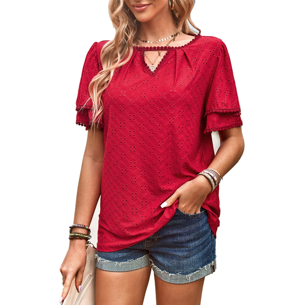 Women V Neck Top Ruffled Sleeves Hollow Out Lace Stitching Loose Type Casual T Shirt for Summer Red M