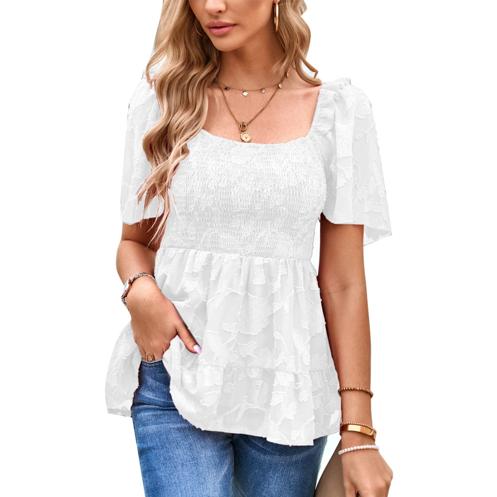 Women Short Sleeves Top Flower Patterns Ruffle Hem Elastic Shirred Bust Summer T Shirt White XL