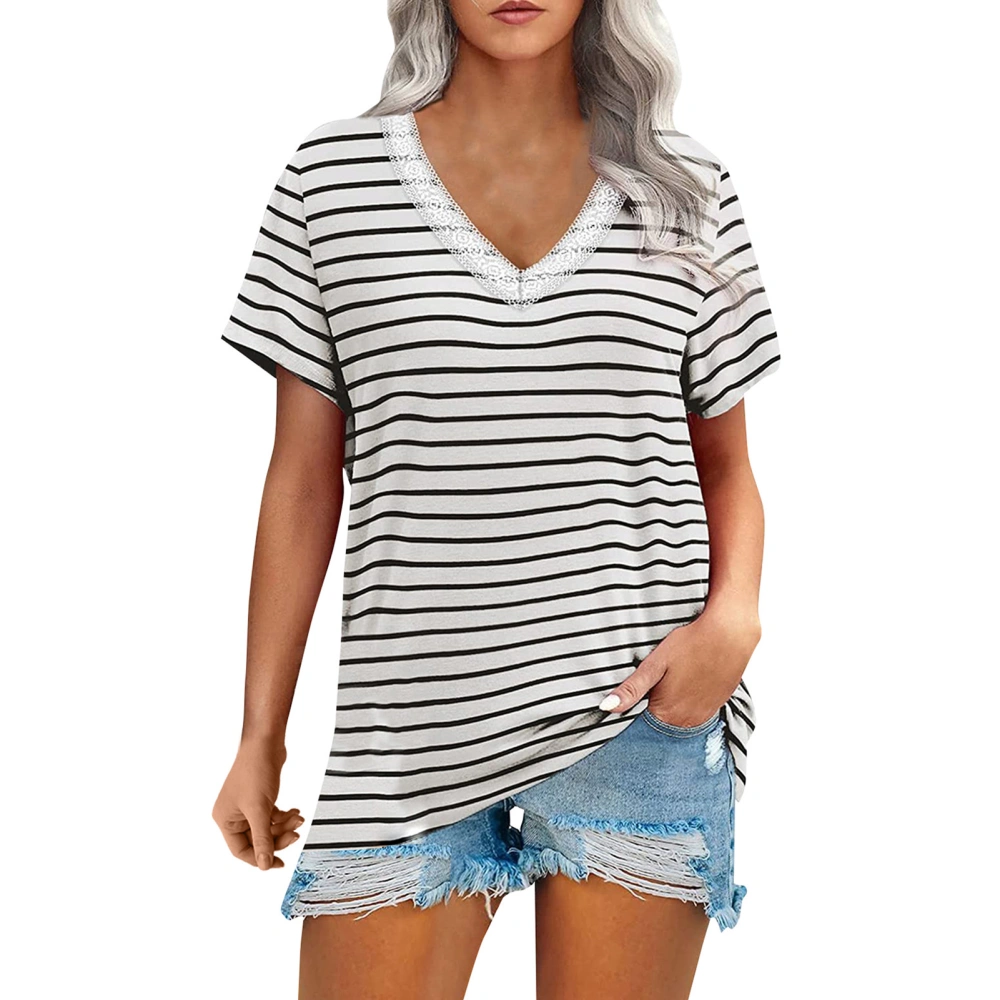 V Neck Blouse Short Sleeved Guipure Stitching Loose Fitted Blouse Top Shirt for Female Summer Black Stripe XXL