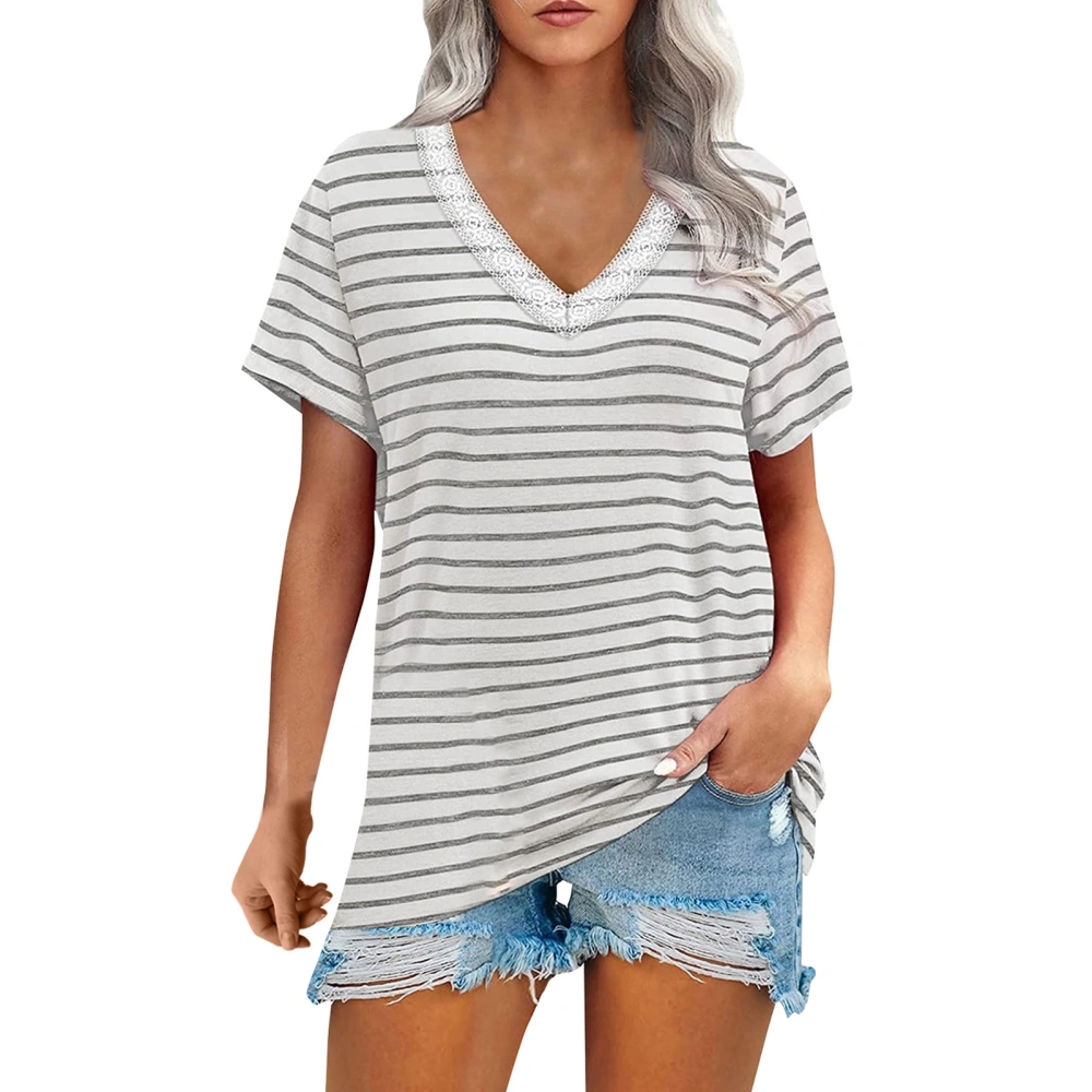 V Neck Blouse Short Sleeved Guipure Stitching Loose Fitted Blouse Top Shirt for Female Summer Grey Stripe S