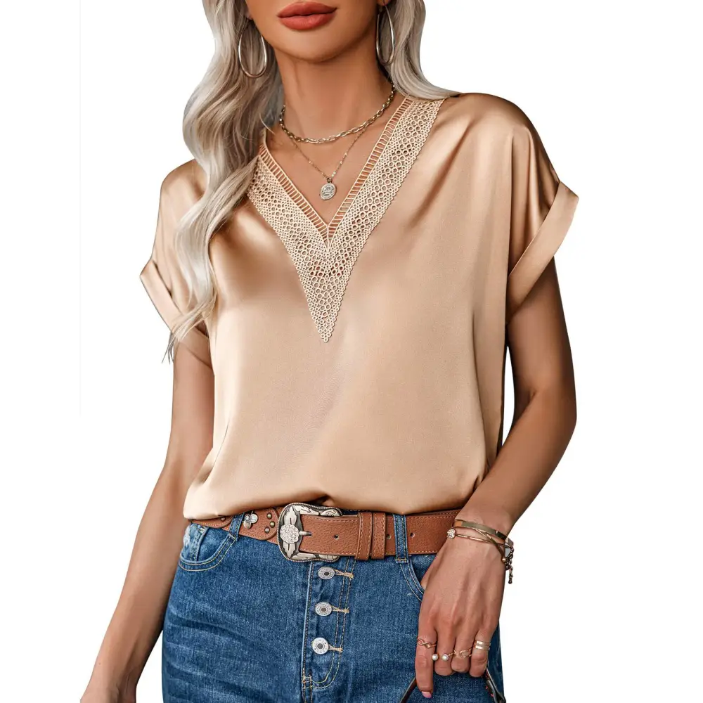 Women V Neck Top Lace Splicing Neckline Short Sleeves Pure Color Loose Type Casual T Shirt Champagne L