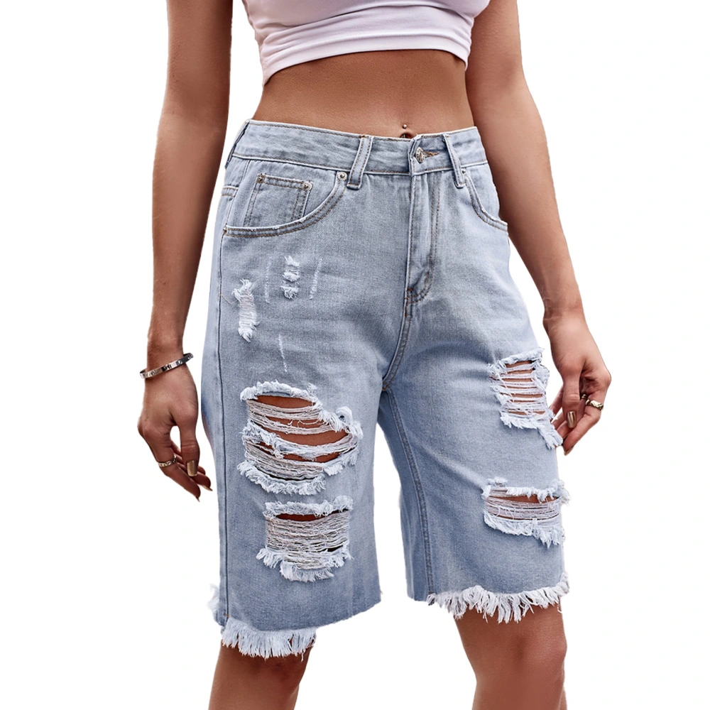 Women Casual Shorts with Pocket Middle Waist Straight Legs Hole Denim Shorts Knee Length Pants Blue M