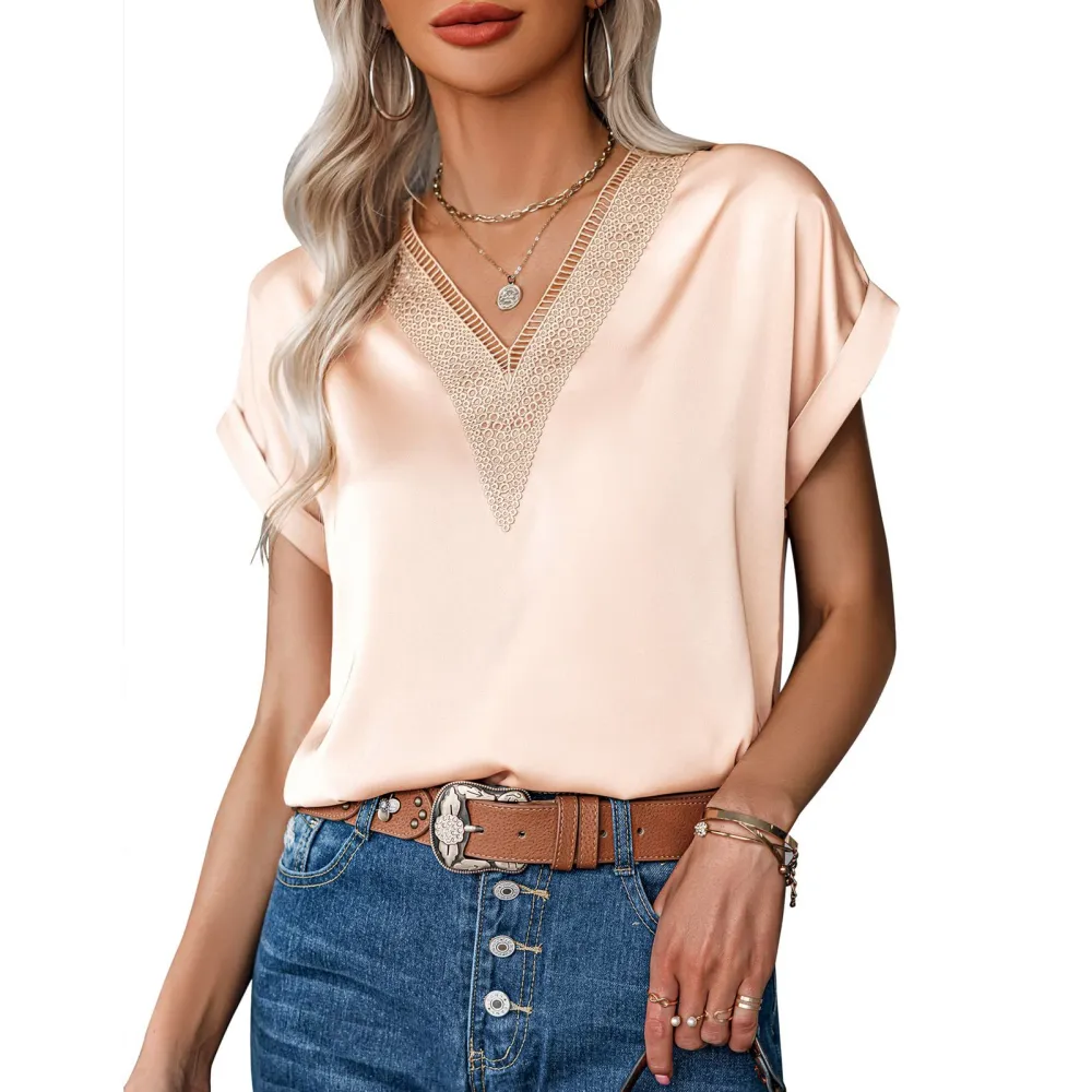 Women V Neck Top Lace Splicing Neckline Short Sleeves Pure Color Loose Type Casual T Shirt Apricot M