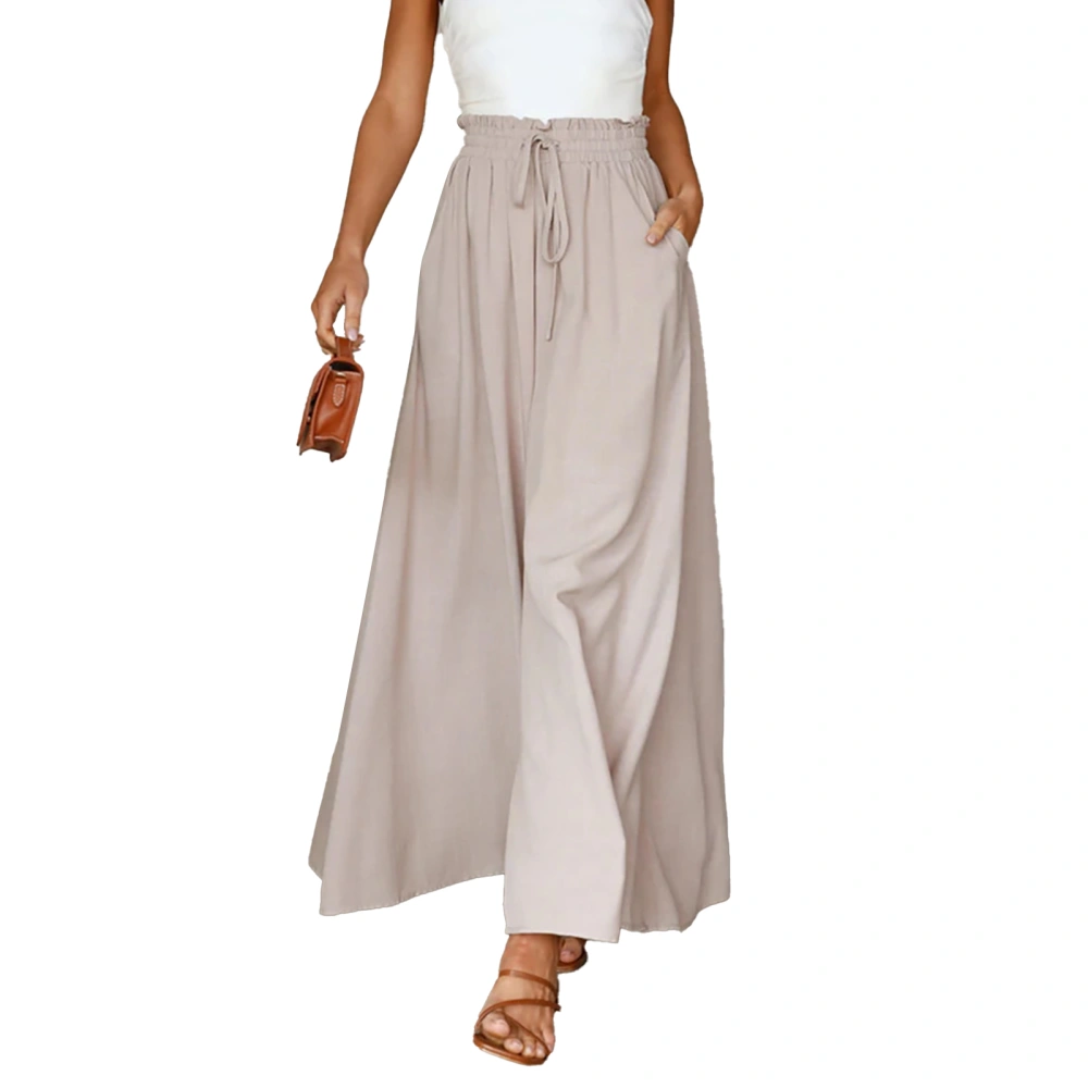 Women Wide Leg Pants High Waisted Elastic Drawstring Ruffle Pure Color Women Beach Pants for Party Office Shopping Apricot XL