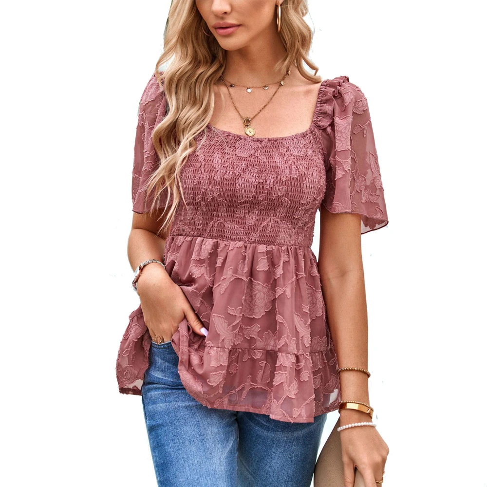 Women Short Sleeves Top Flower Patterns Ruffle Hem Elastic Shirred Bust Summer T Shirt Rose Pink M