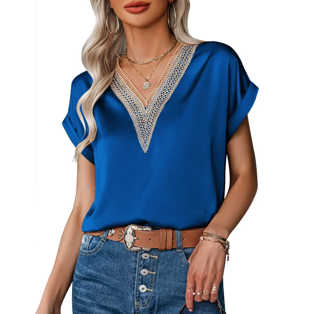 Women V Neck Top Lace Splicing Neckline Short Sleeves Pure Color Loose Type Casual T Shirt Blue S