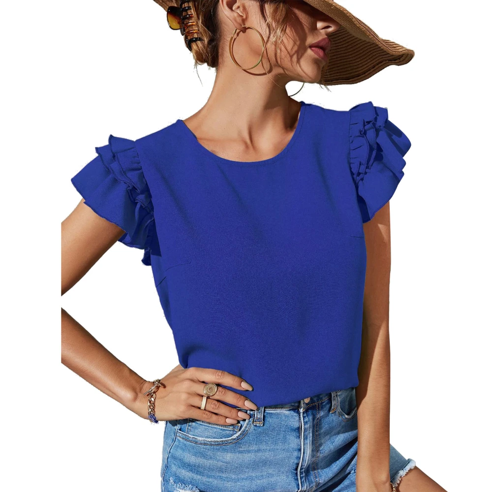 Women Crew Neck Blouse Cap Ruffle Sleeve Pure Color Loose Fitting Casual Summer Shirt Blue S