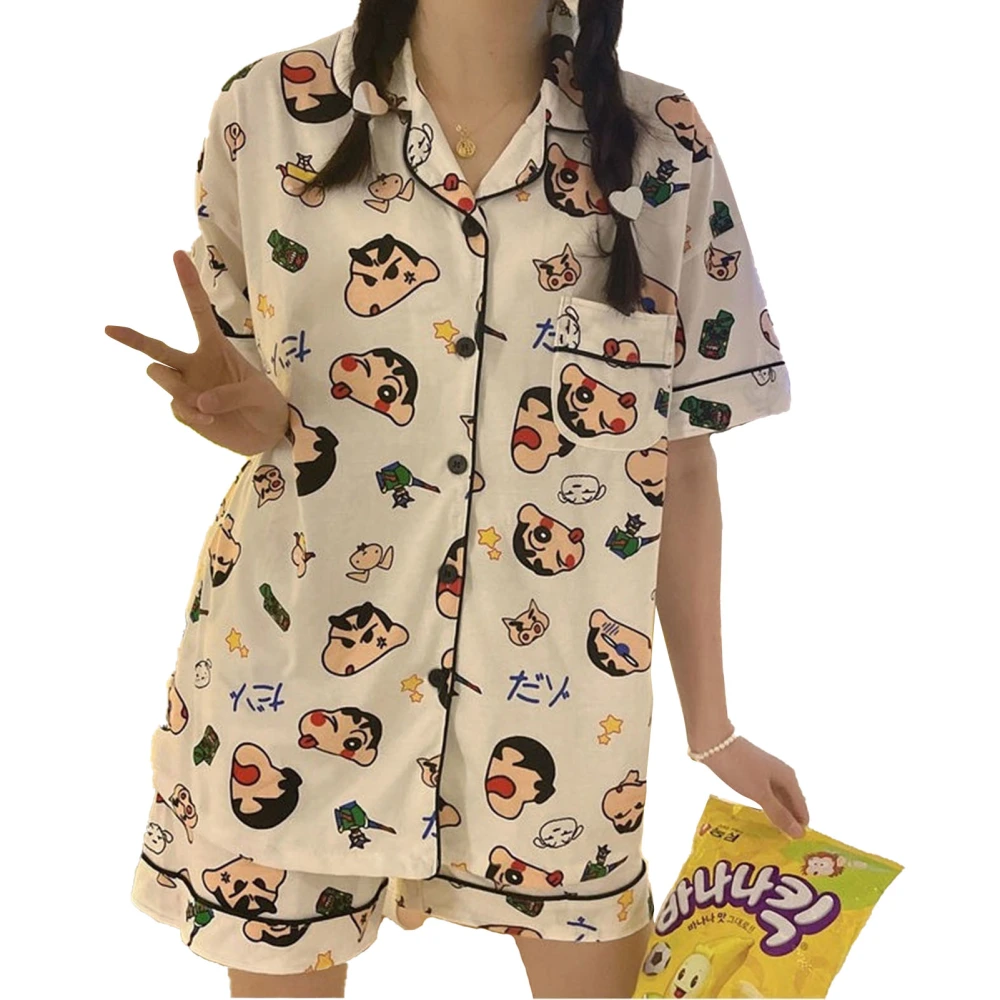 Cartoon Pajamas Short Sleeve Button Up Turn Down Collar Breathable Loose Fit Cute Student Sleepwear Set for Summer Short Sleeve Top with Shorts XL