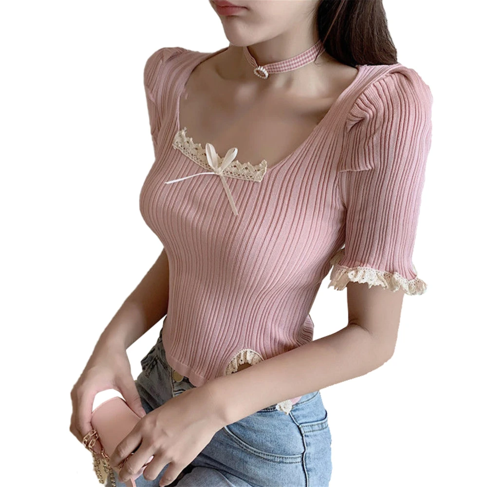 Slim Fitted Knit Blouse Short Sleeve Lace Stitching Bow Front Side Split Knitted Blouse Shirt for Summer Pink Free Size 77.2-132.3lb