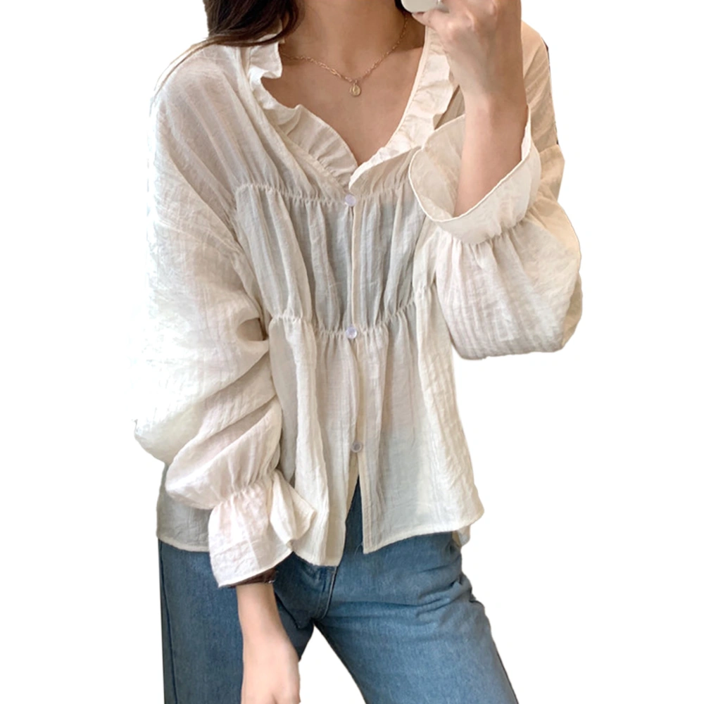 Women Ruffle Long Sleeve Shirt Loose Casual Fashionable Pure Color Button Up Top Blouse for Dating Beige M