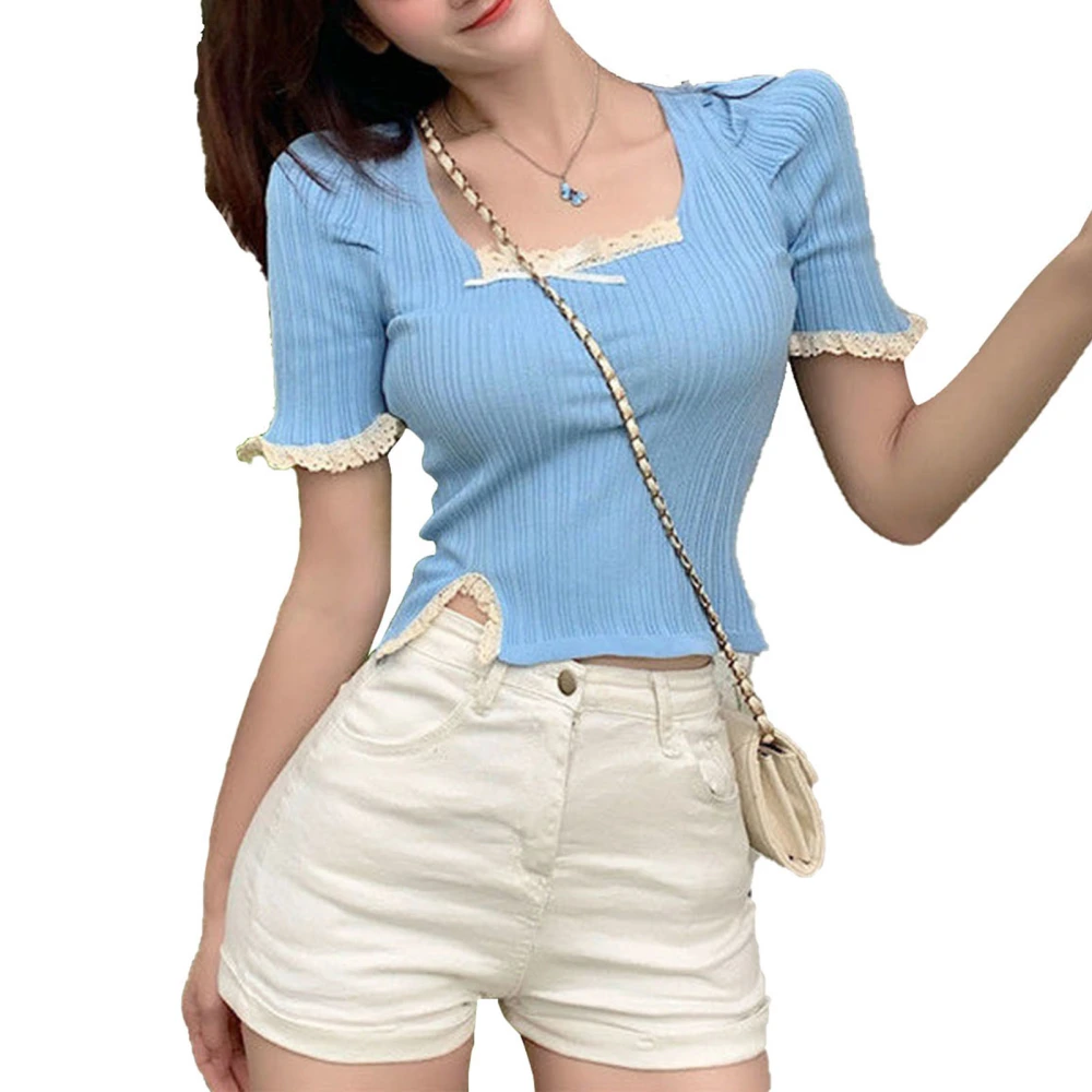 Slim Fitted Knit Blouse Short Sleeve Lace Stitching Bow Front Side Split Knitted Blouse Shirt for Summer Blue Free Size 77.2-132.3lb