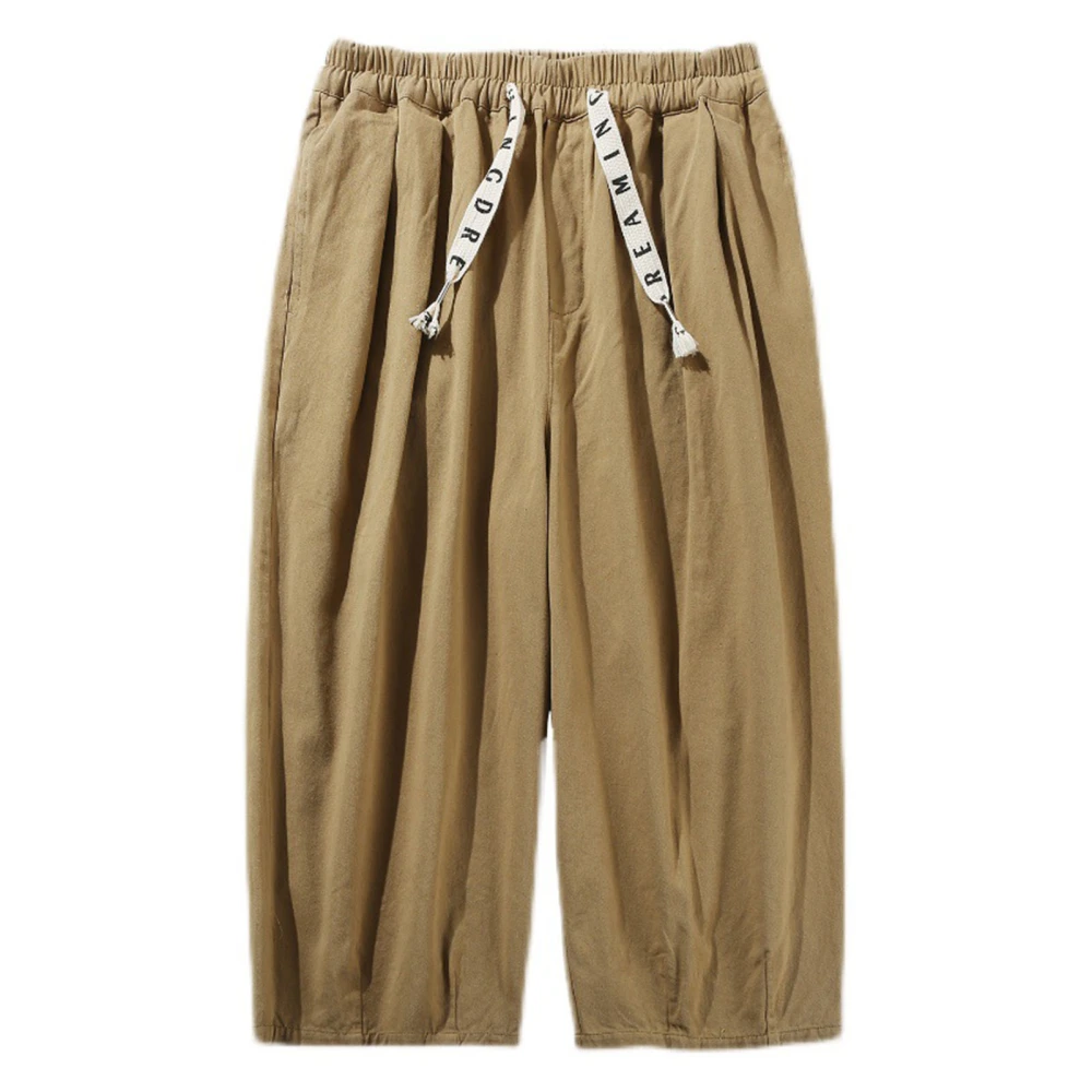 Man Casual Loose Fit Trousers Drawstring Elastic Waist Cotton Breathable Wide Leg Cropped Pants Khaki L