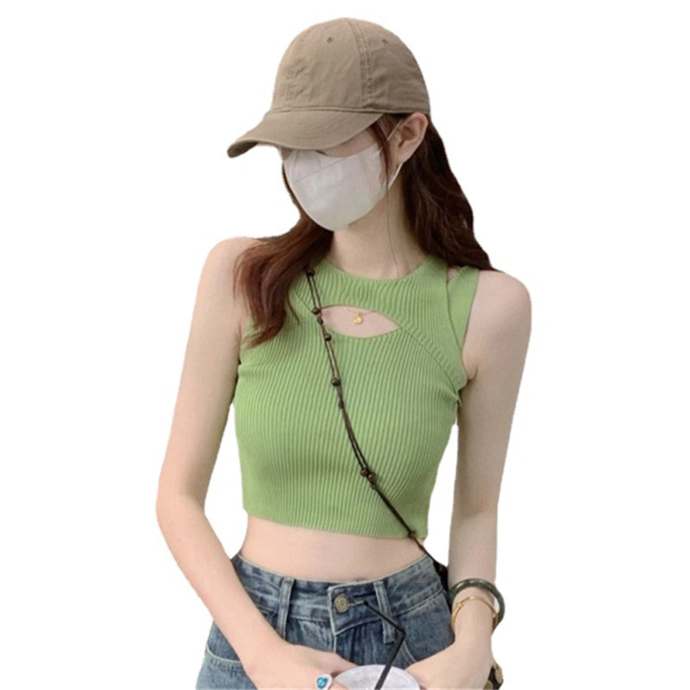 Women Hollow Out Short Sleeveless Tank Top Knitted Slim Fitted Pure Color Tank Top For Summer Green Free Size