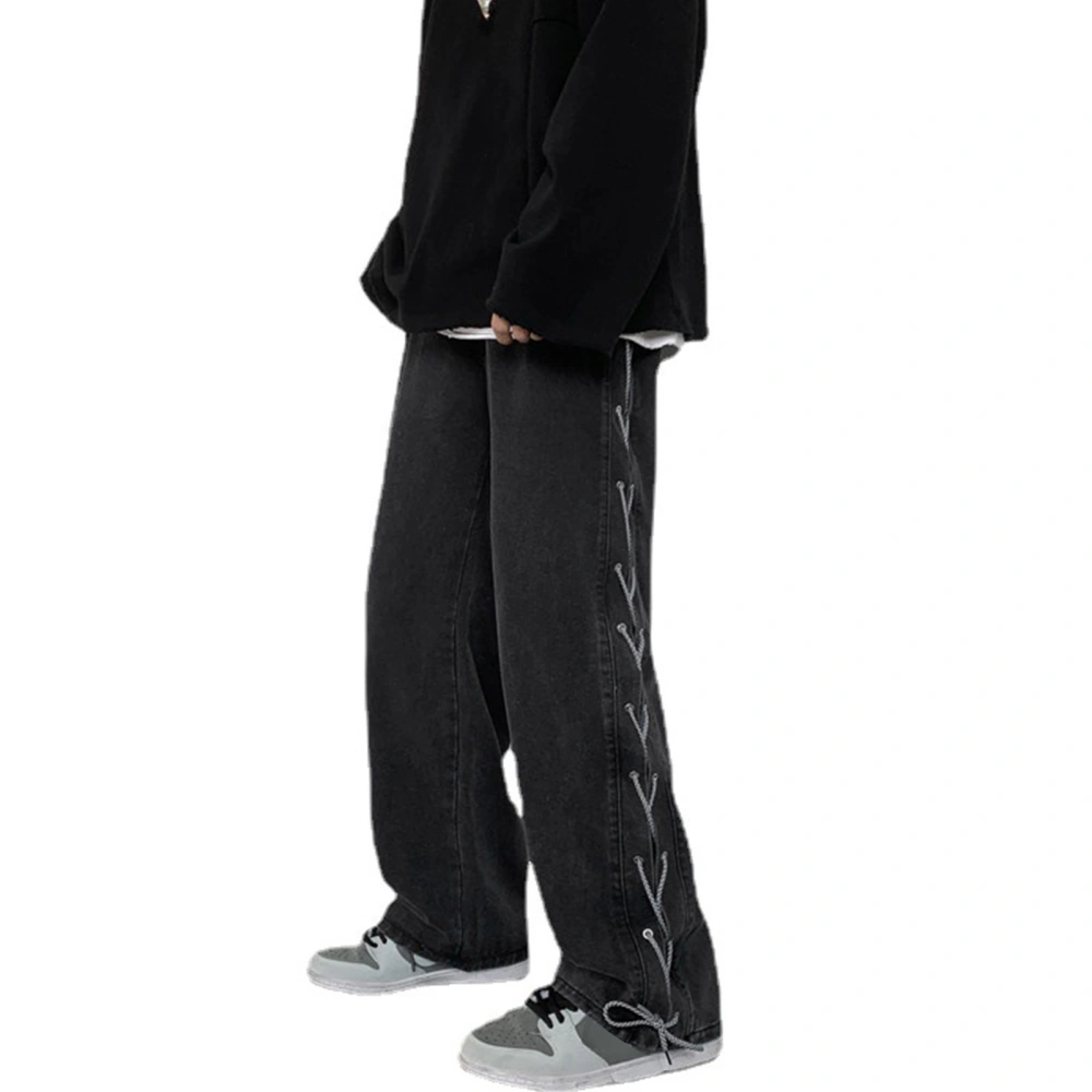 Men Close Fitting Pants Straight Elastic Waist Side String Casual Wide Leg Pants for Male Black L