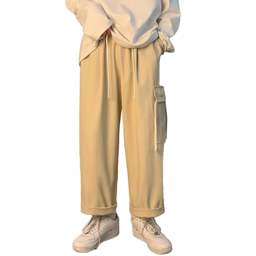 Men Loose Trousers Wide Straight Leg Pants Cotton Blending Boys Casual Pants with Pocket Khaki L