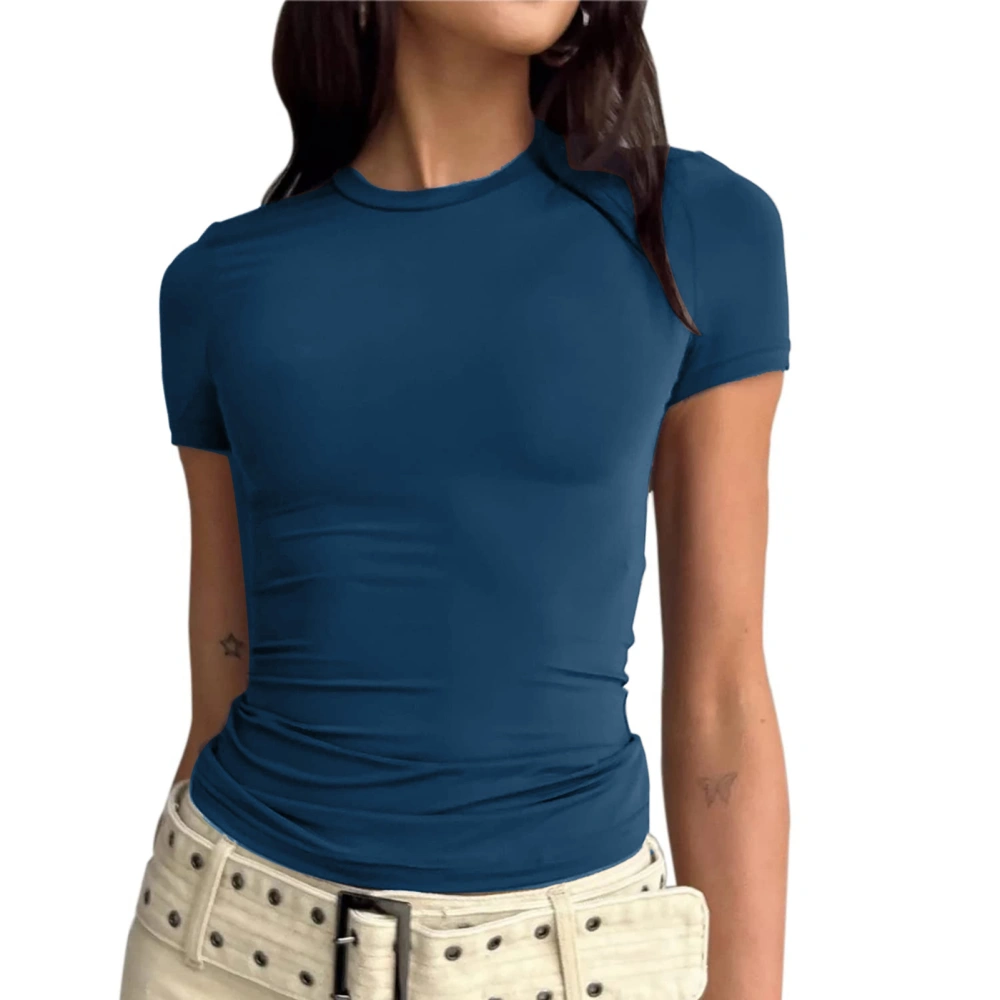 Women Round Collar Top Short Sleeves Slim Fitting Pure Color Summer Casual T Shirt Blue XS