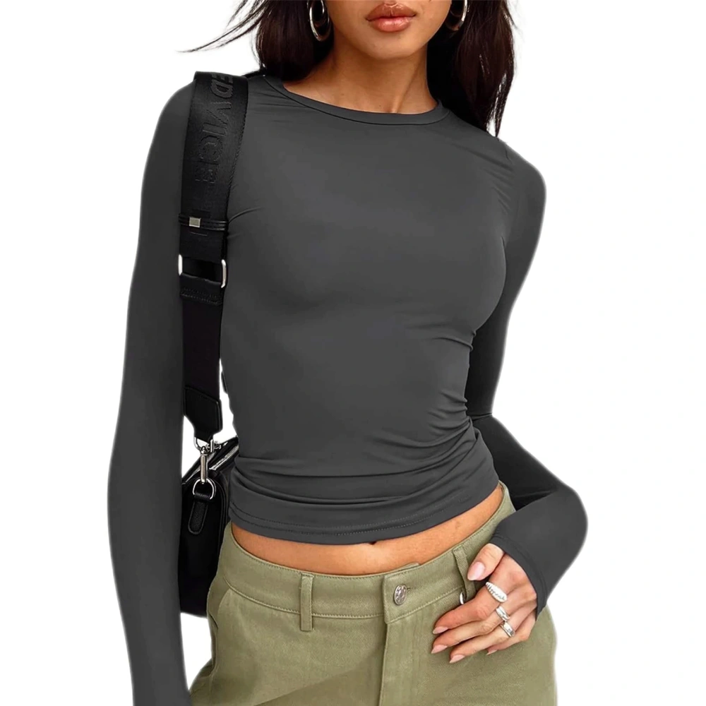 Women Crewneck Shirt Causal Long Sleeve Slim Fit Pure Color Stretchy Basic Tee Top Dark Gray M