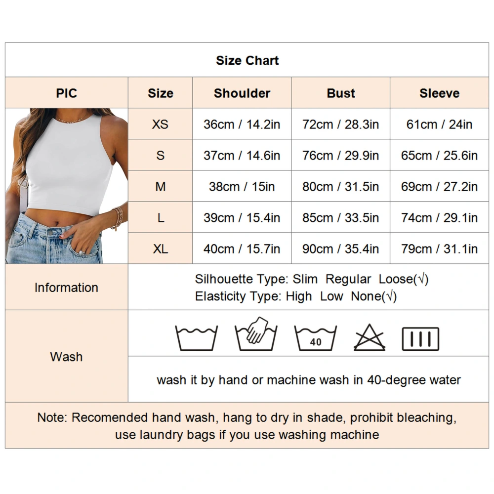 Women Basic Sleeveless Tank Top Casual Crew Neck Slim Fit Pure Color Stretchy T Shirt White M