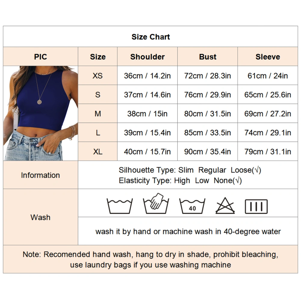 Women Basic Sleeveless Tank Top Casual Crew Neck Slim Fit Pure Color Stretchy T Shirt Dark Blue L