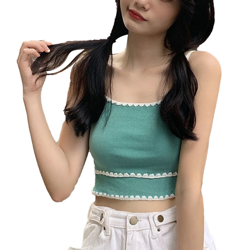 Summer Vest Top Women Sling Suspender Sweet Short Style Breathable Polyester Clothing Cyan Free Size(for 37.5-60kg)