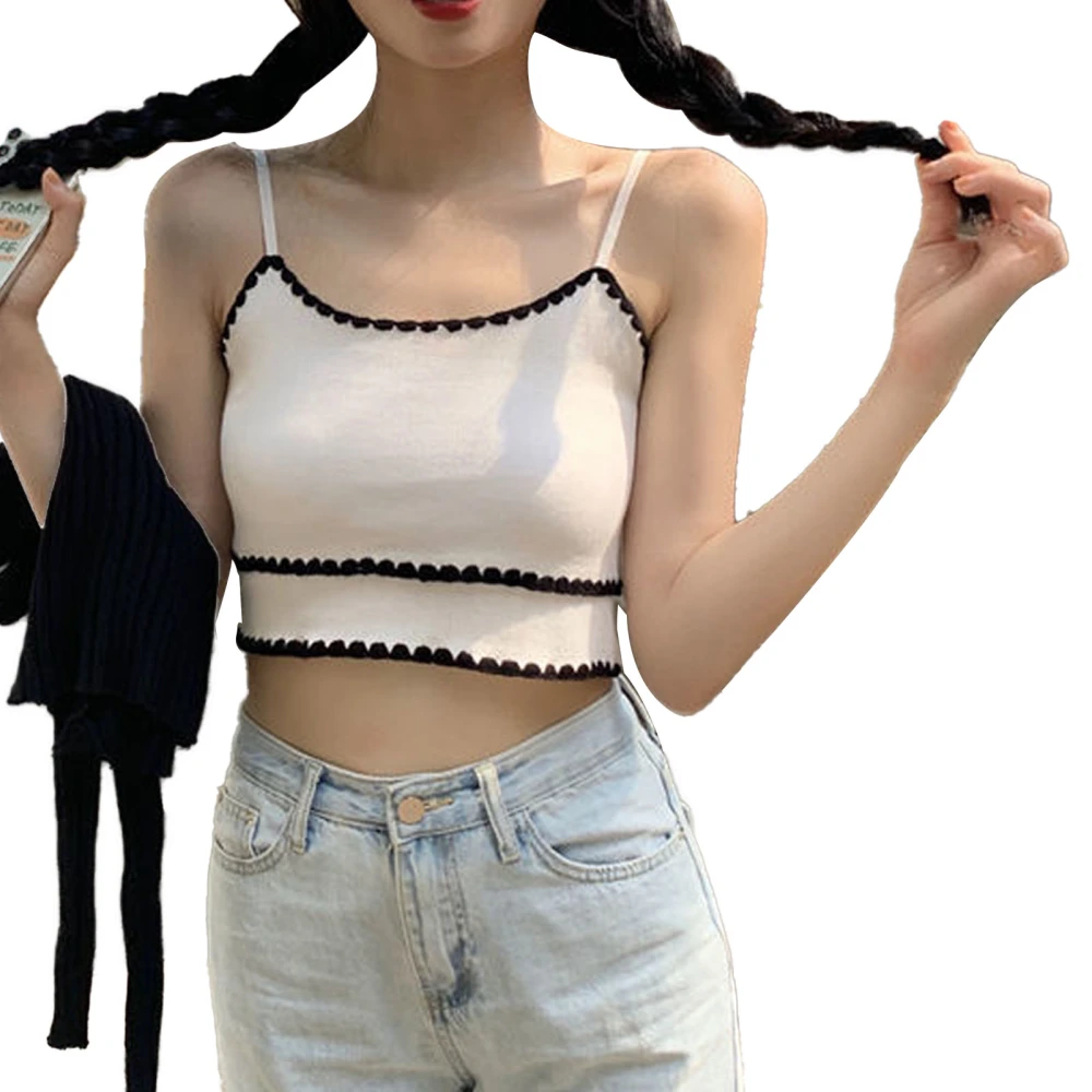 Summer Vest Top Women Sling Suspender Sweet Short Style Breathable Polyester Clothing White Free Size(for 37.5-60kg)