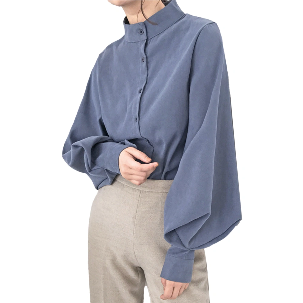 Women Shirt Long Lantern Sleeve Stand Collar Button Down Pure Color Casual Blouse for Daily Commuting Blue M