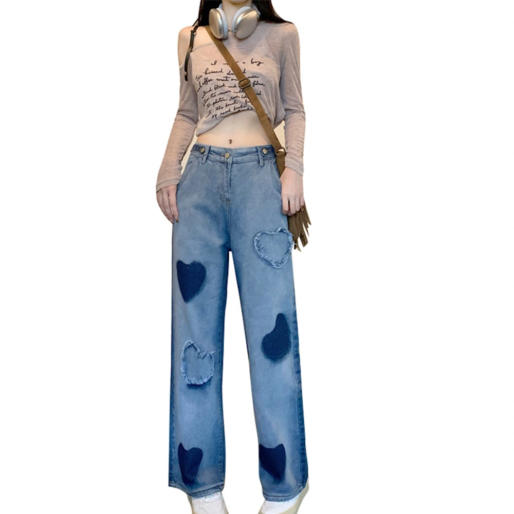 Straight Denim Pants Adjustable Waist Buckle Back Pocket Straight Wide Leg Denim Pants for Dating Ladies Gradients Color Heart Shape L