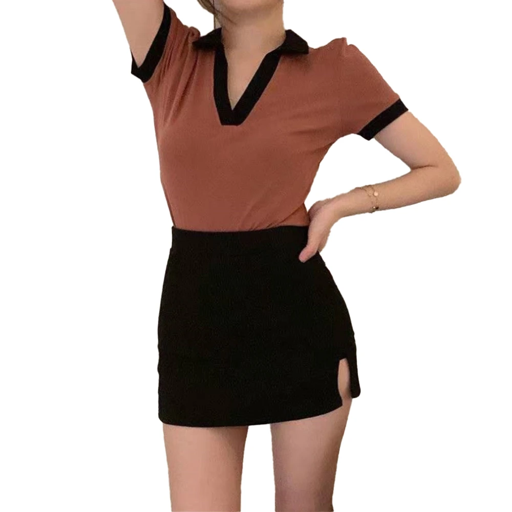 Women Short Sleeve Shirt Turn Down Collar V Neck Comfortable Breathable Women Summer Shirt Top for Daily Party Brown L