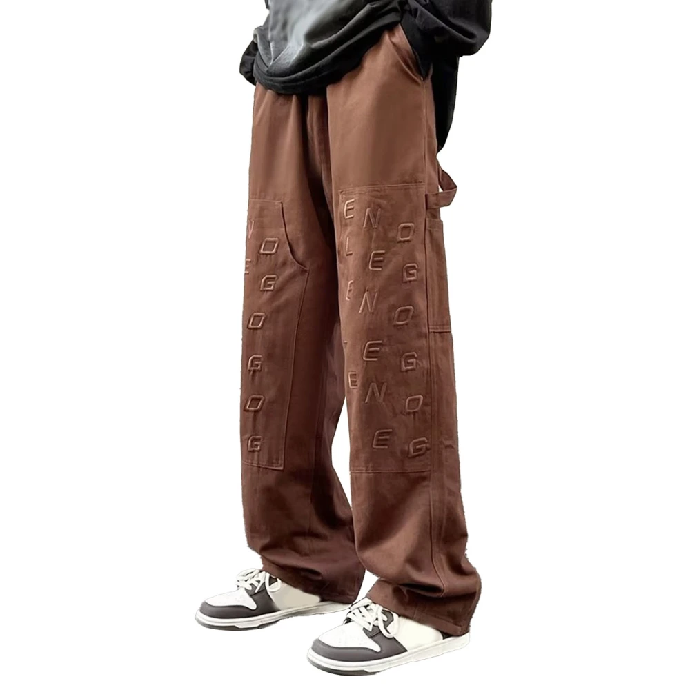 Men Straight Leg Trousers Polyester Wide Leg Loose Pants Letter Printed Vintage Casual Jeans Brown L