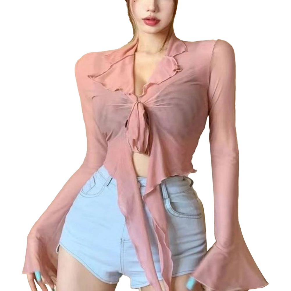 Women Tie Front Mesh Top Breathable Comfortable Pure Color Bell Long Sleeve Women Mesh Blouse Pink Free Size (35‑60kg / 77.2‑132.3lb)