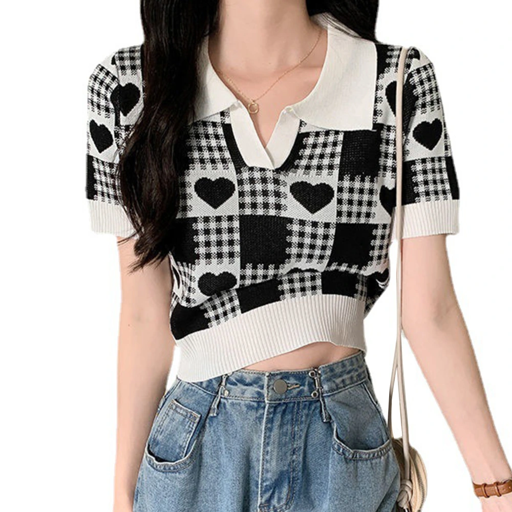 Women Short Sleeve Knit Shirts Stylish Slimming Turn Down Collar Heart Shape Plaid Print Women Short Sleeve Blouse Black Average Size(37.5‑60kg/82.7‑132.3lb)