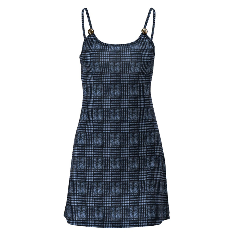 Spaghetti Strap Mini Dress Retro Plaid Pattern Stylish Women Sleeveless Dress for Summer Outing Blue L