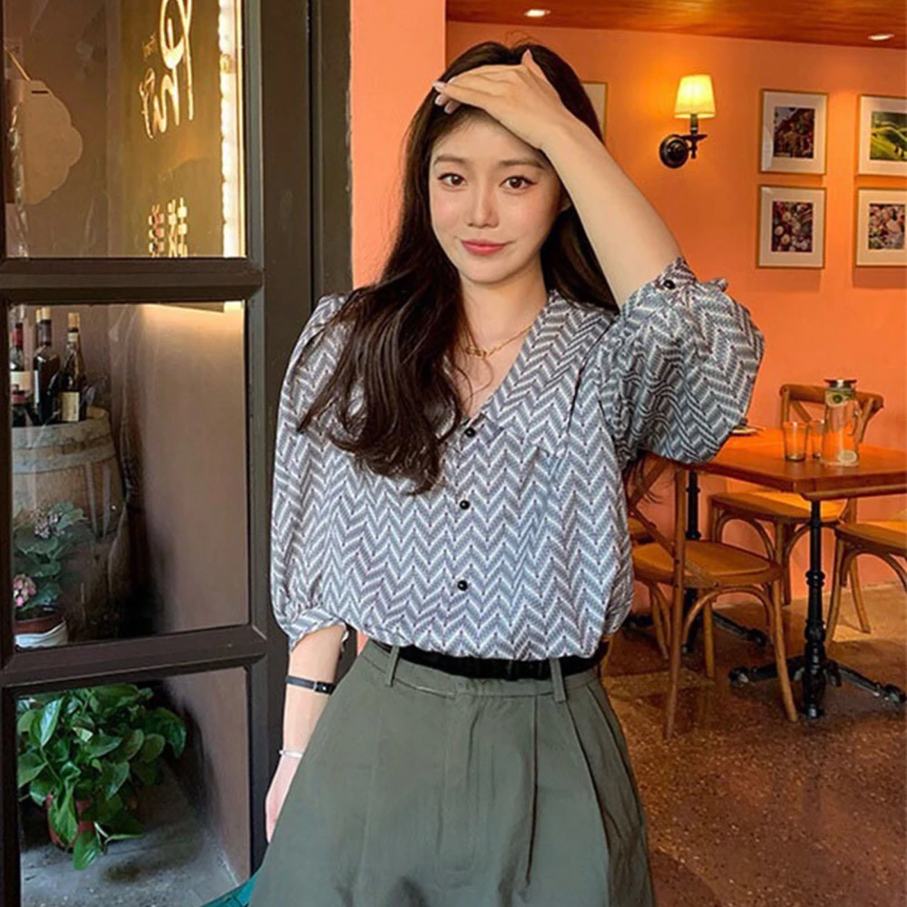 Women Loose Shirt Puff Half Sleeve Blouse Turndown Collar Single Row Button V Neck Blouse Top S