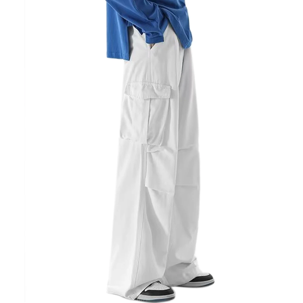 Male Oversized Trousers Large Pockets Vintage Casual Fitted Men Straight Long Pants for Street White XL