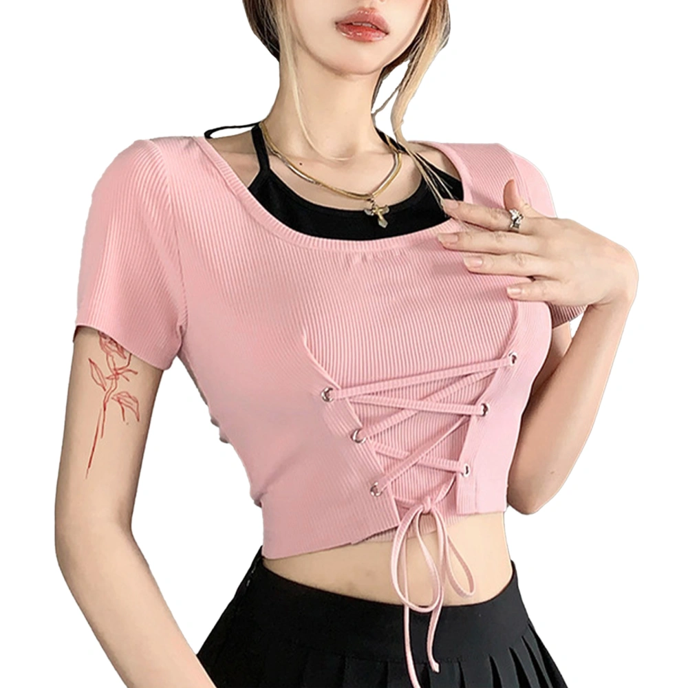 Lace Up T Shirt for Girls Three Dimensional Cutting Fashionable Breathable Erogenous Short Sleeve Tops for Daily Pink M